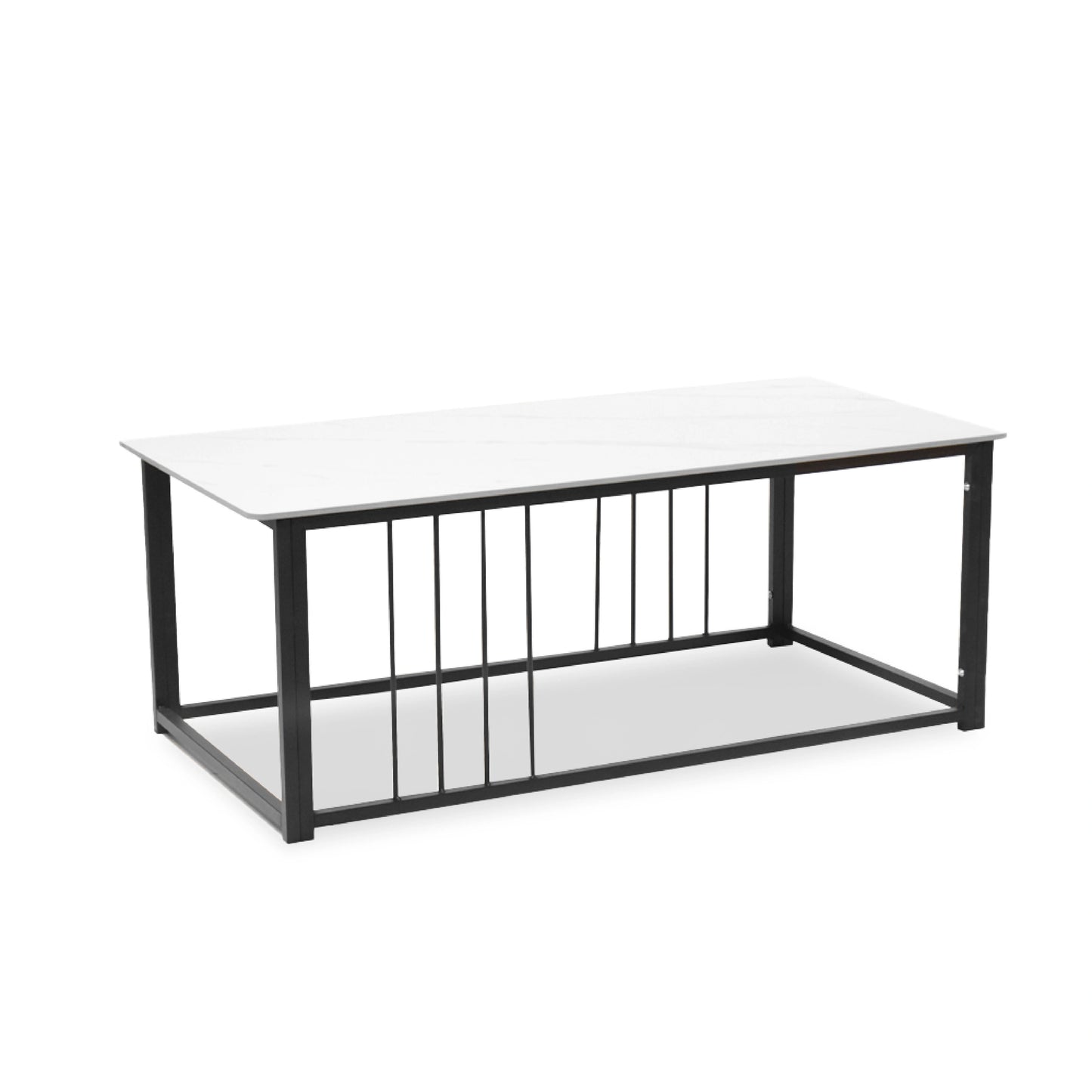 Coffee table with white top and black metal frame on a white background