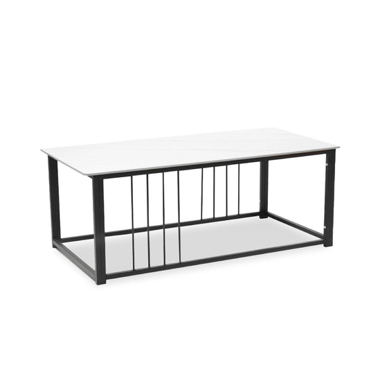 Coffee table with white top and black metal frame on a white background