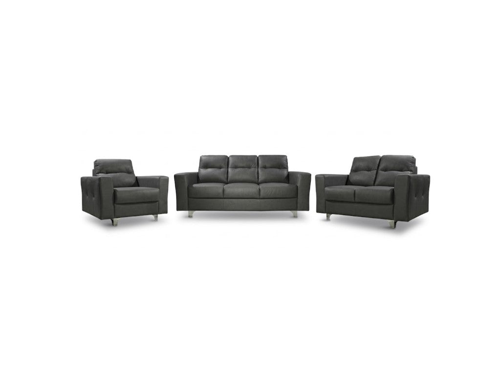 A three-piece dark gray upholstered living room furniture set consisting of a three-seat sofa, a two-seat loveseat, and a single armchair, shown against a plain white background.