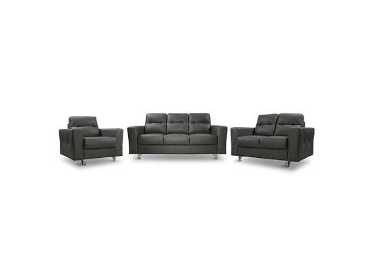 A three-piece dark gray upholstered living room furniture set consisting of a three-seat sofa, a two-seat loveseat, and a single armchair, shown against a plain white background.