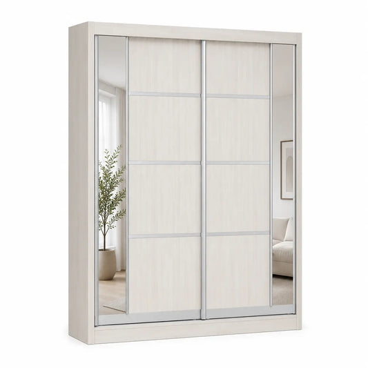 A modern sliding wardrobe with light beige wood-grain doors and mirrored panels, shown on a plain white background.