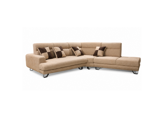 A beige fabric sectional sofa with a chaise lounge on the right side, accented with four brown and beige checkered throw pillows, shown against a plain white background.