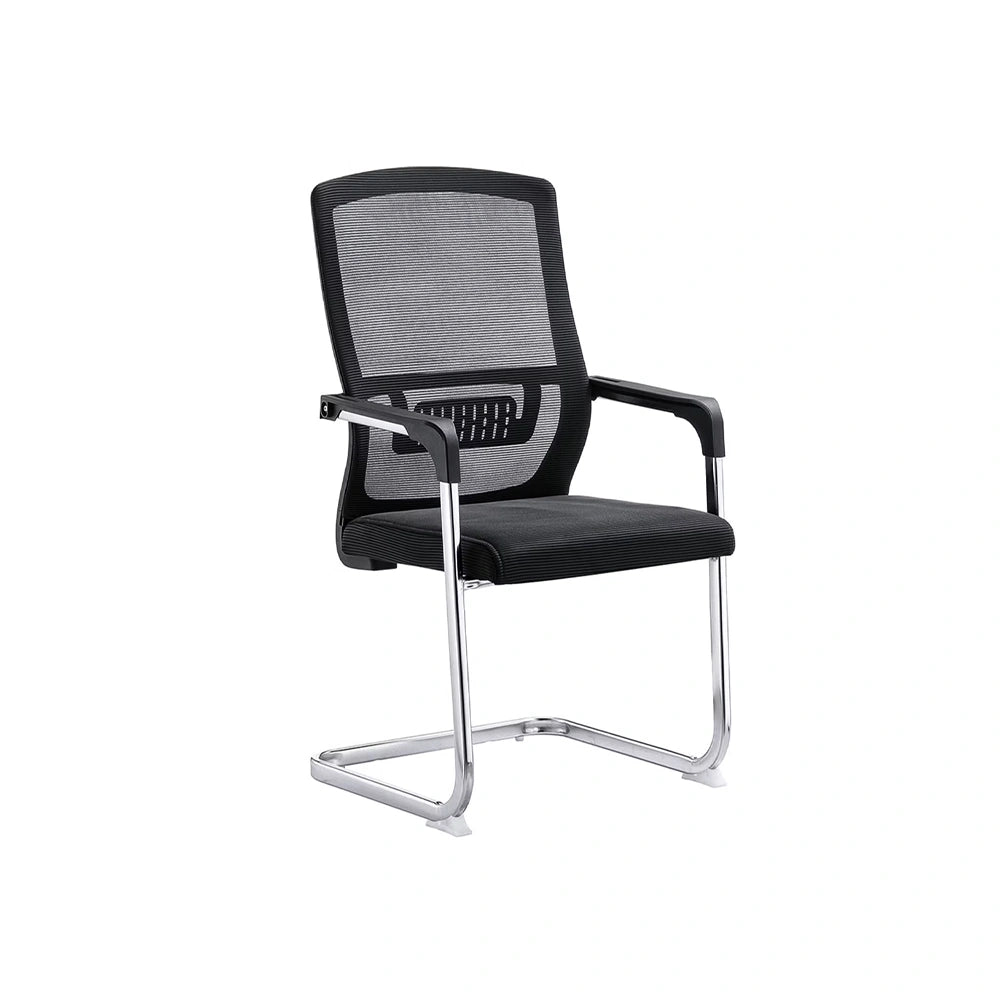 Black office chair with mesh back and chrome frame on a white background