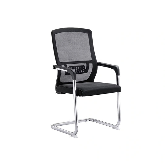 Black office chair with mesh back and chrome frame on a white background