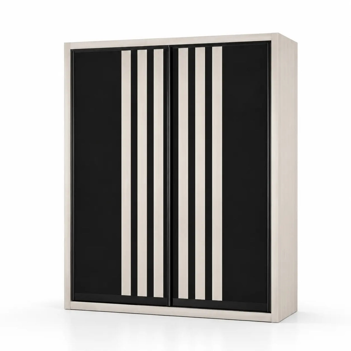 A modern two-door wardrobe or storage cabinet with black doors featuring vertical cream stripes, set in a light beige wood frame, shown on a white background.