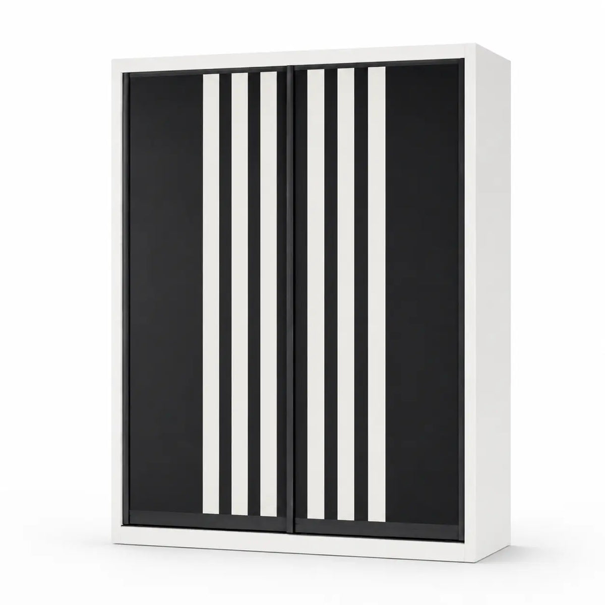 A modern wall-mounted cabinet with a white frame and two black sliding doors featuring vertical white stripes, shown on a clean white background.