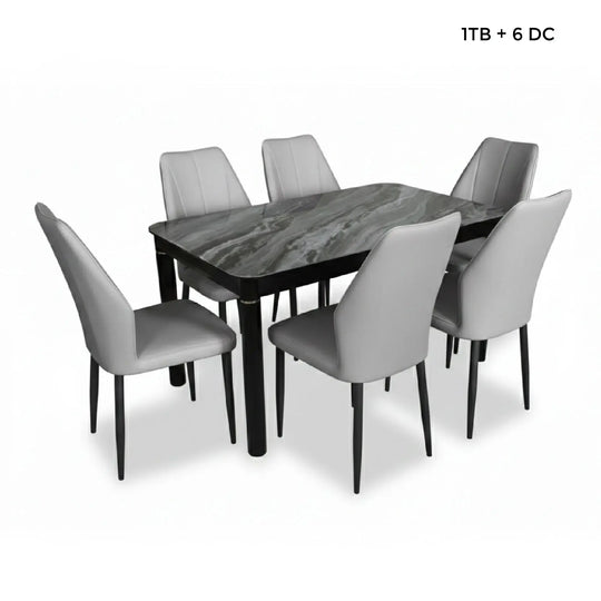 Dining table set with six chairs on a white background