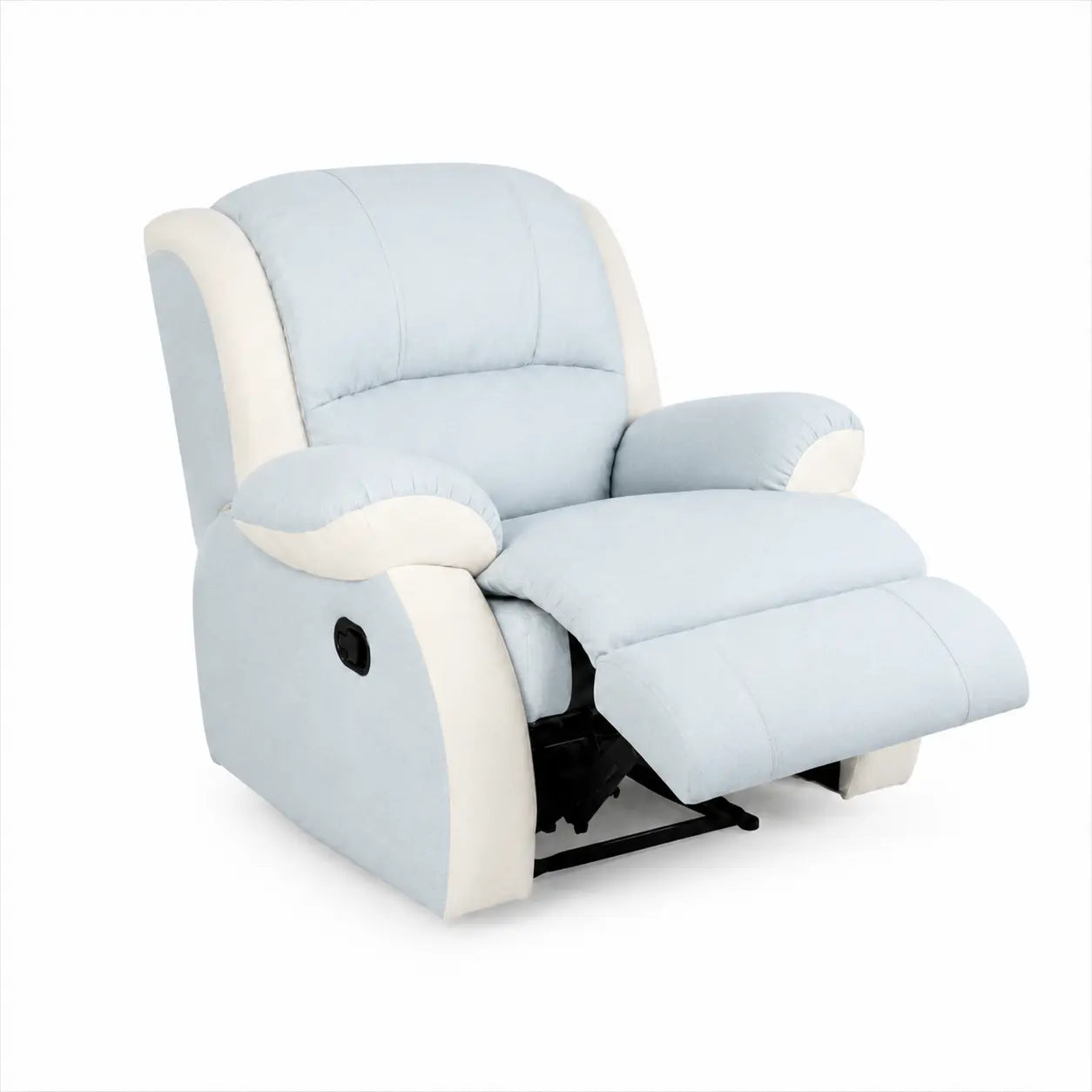 A light blue and cream upholstered recliner chair shown in a reclined position on a plain white background.