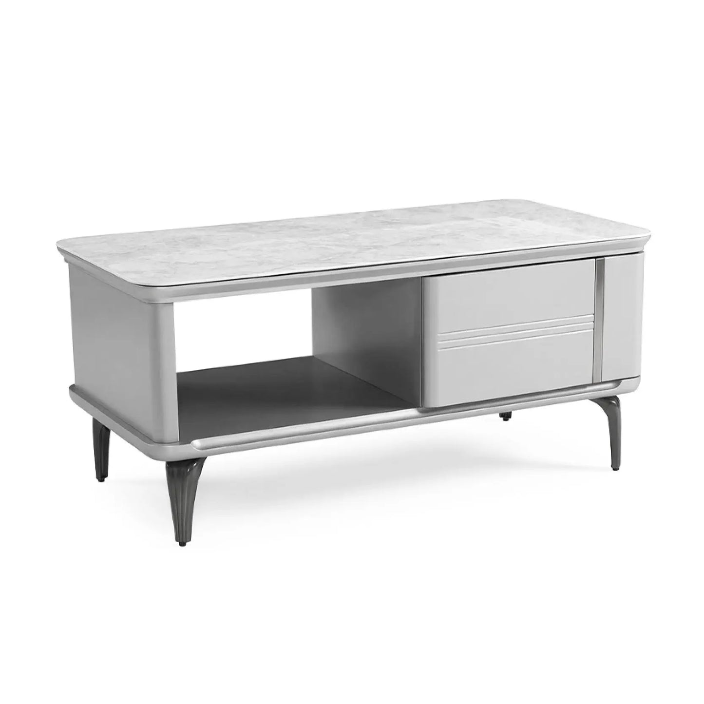 Modern coffee table with marble top and storage cabinet on a white background