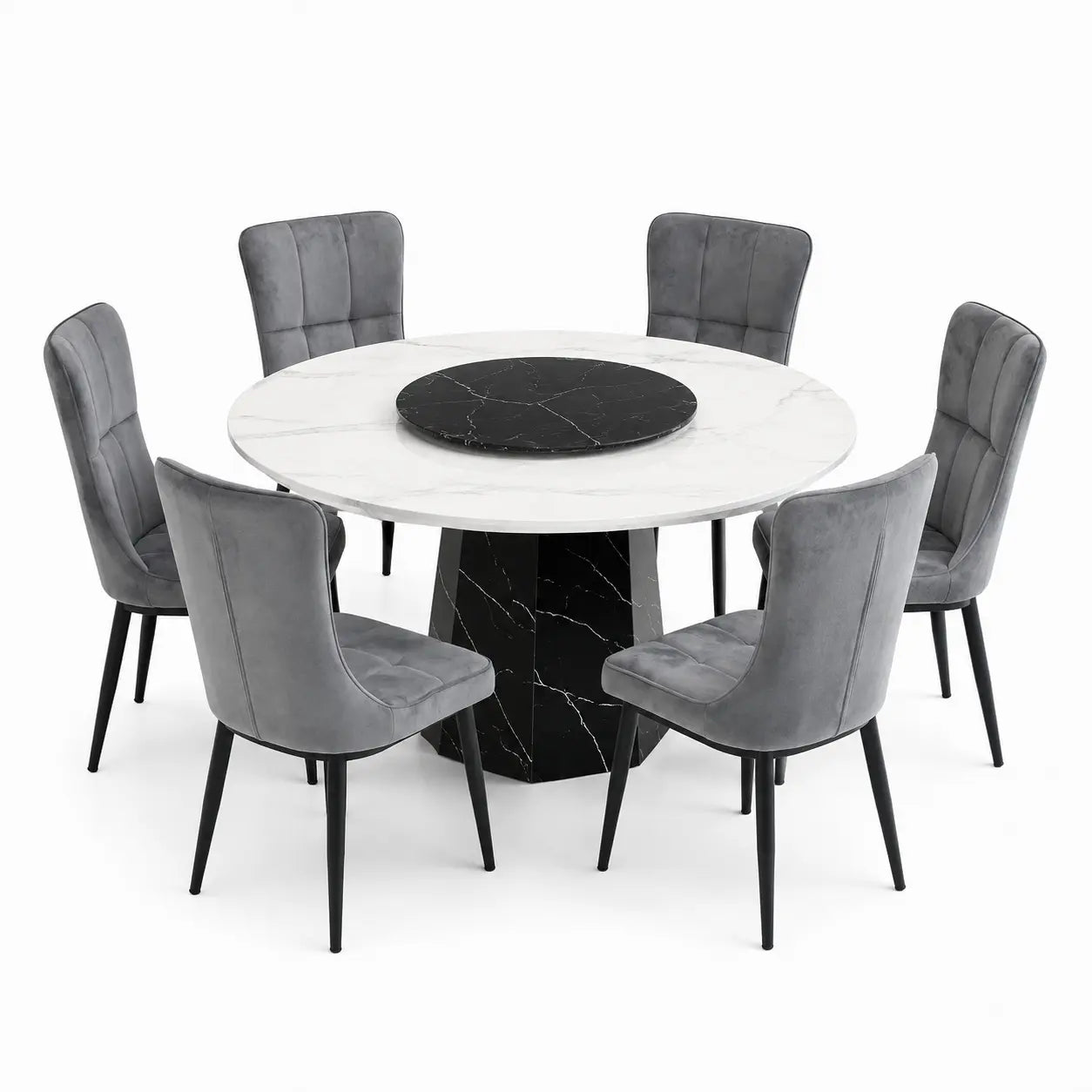 A modern round dining table set with a white marble tabletop, a black marble center insert, and six gray velvet upholstered chairs with black legs, shown on a white background.