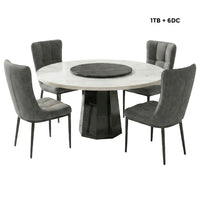Round dining table with marble top and black base, surrounded by four gray chairs on a white background.