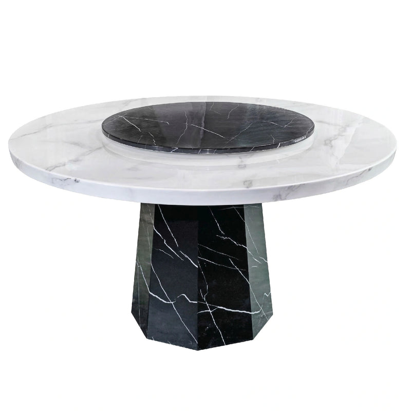 Marble table with white top and black base on a white background