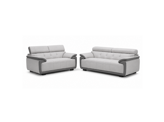 A light gray two-piece sofa set consisting of a loveseat and a matching three-seat sofa, both featuring dark gray armrests and trim, shown on a plain white background.