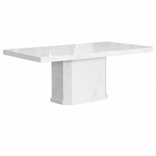 A modern rectangular dining table with a white marble-look top and pedestal base, shown on a plain white background.