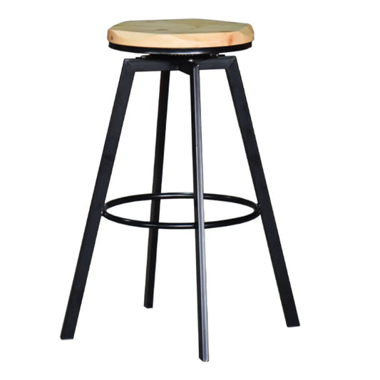 Bar stool with black metal frame and wooden seat on a white background