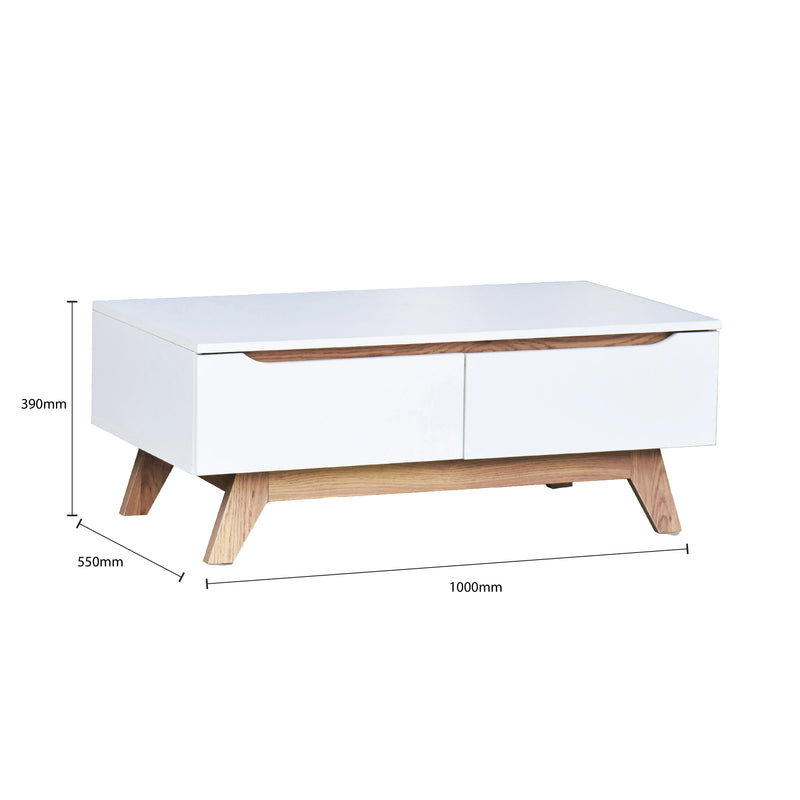 White coffee table with wooden legs and dimensions on a white background