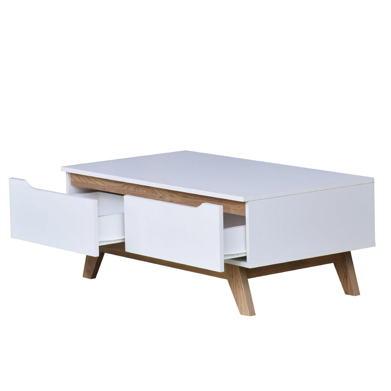White coffee table with wooden legs and drawers on a white background