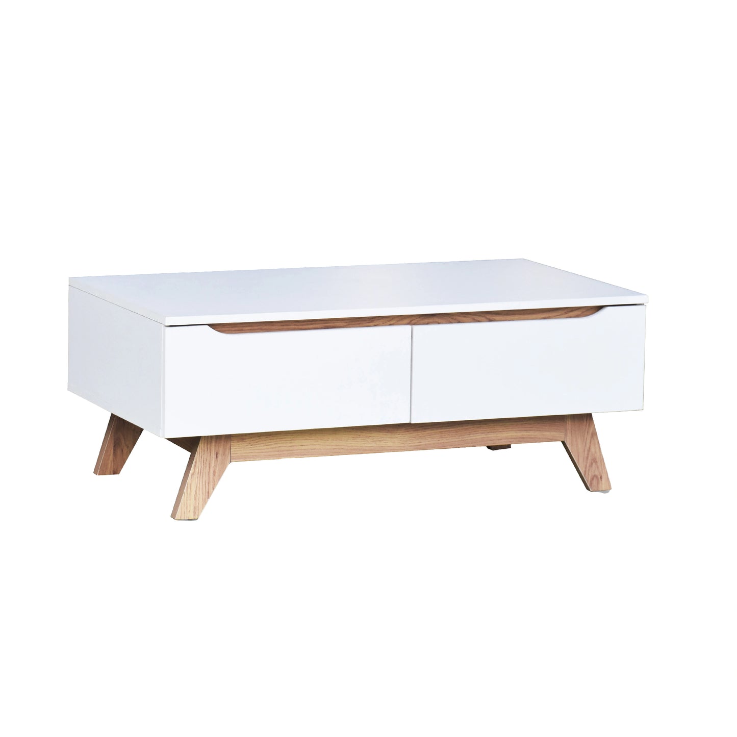 White coffee table with wooden legs on a white background