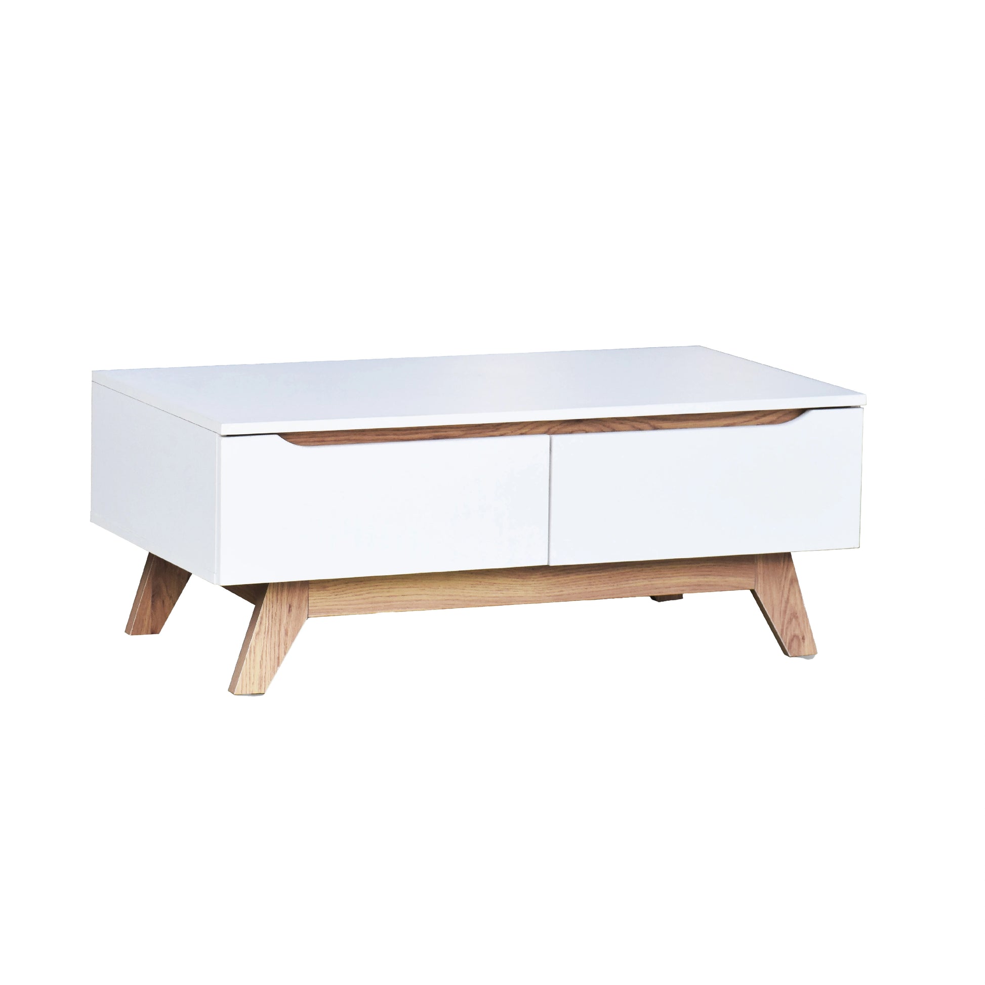 White coffee table with wooden legs on a white background