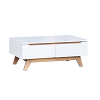 White coffee table with wooden legs on a white background