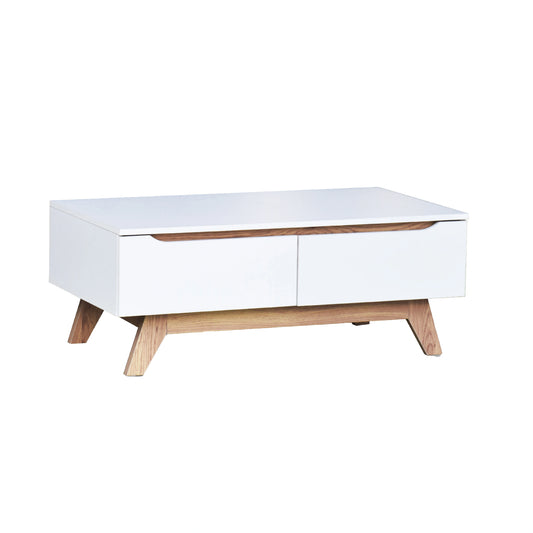 White coffee table with wooden legs on a white background