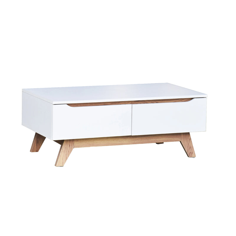 White coffee table with wooden legs on a white background
