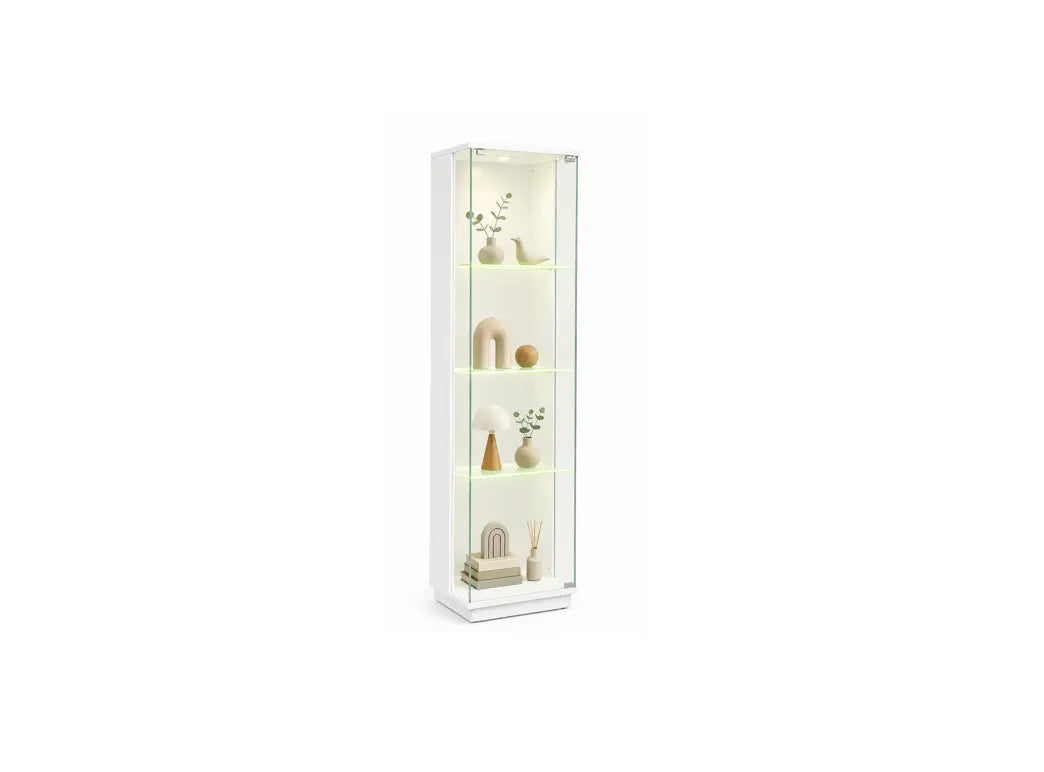 A tall, narrow white glass display cabinet with three illuminated shelves, shown against a plain white background.