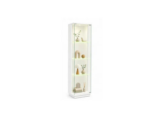 A tall, narrow white glass display cabinet with three illuminated shelves, shown against a plain white background.