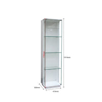 Glass display cabinet with dimensions on a white background