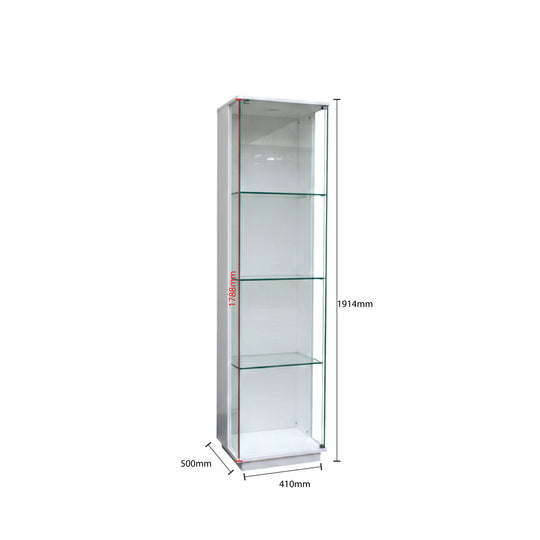 Glass display cabinet with dimensions on a white background