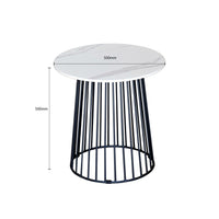 Small round table with black metal base and white marble top, showing dimensions on a white background.