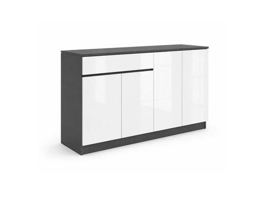 A modern sideboard cabinet with a dark gray frame and base, featuring glossy white doors and a dark gray top surface, shown on a plain white background.
