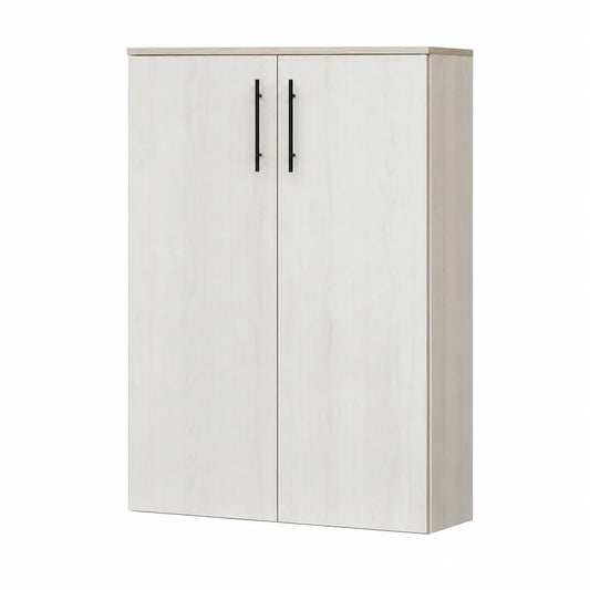 A two-door cabinet with a light beige wood grain finish and black vertical handles, shown against a plain white background.