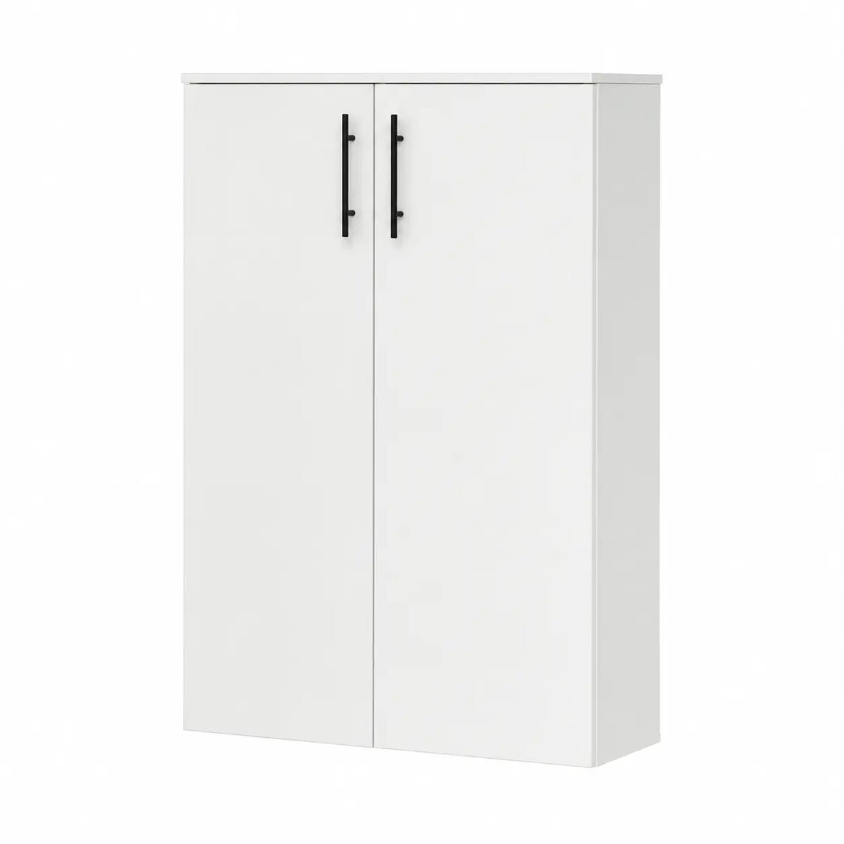 A white two-door cabinet with slim black vertical handles, shown against a plain white background.