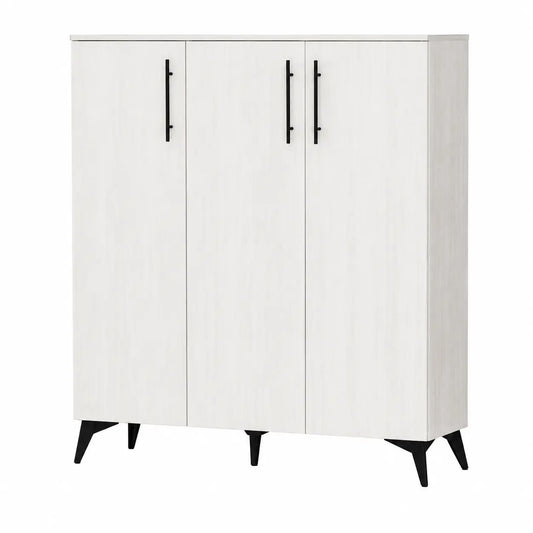 A three-door white cabinet with a light wood grain texture, featuring slim black vertical handles and black tapered legs, shown against a plain white background.