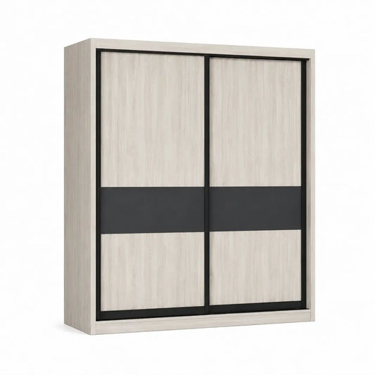 A modern two-door sliding wardrobe or closet with light beige woodgrain doors and a wide black horizontal band across both doors, framed in black metal.
