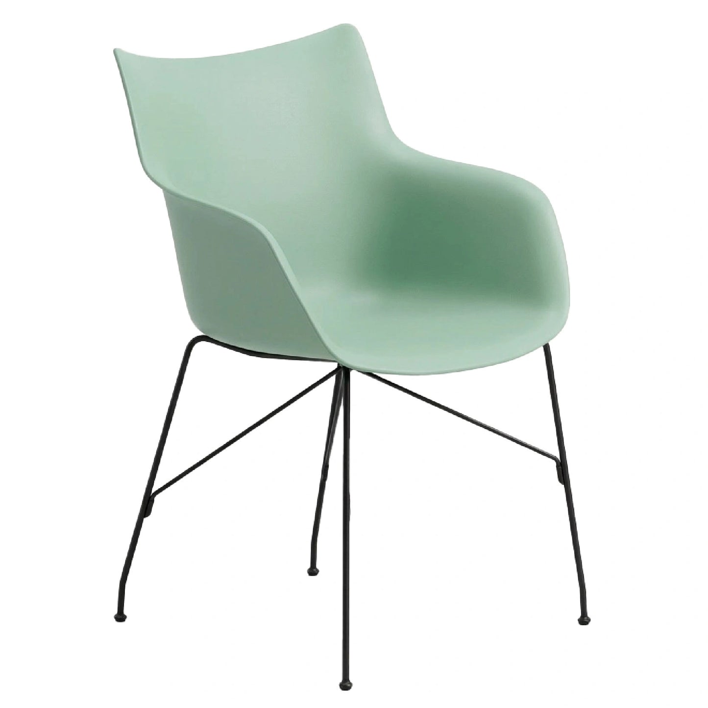 Modern chair with a light green seat and black metal legs on a white background