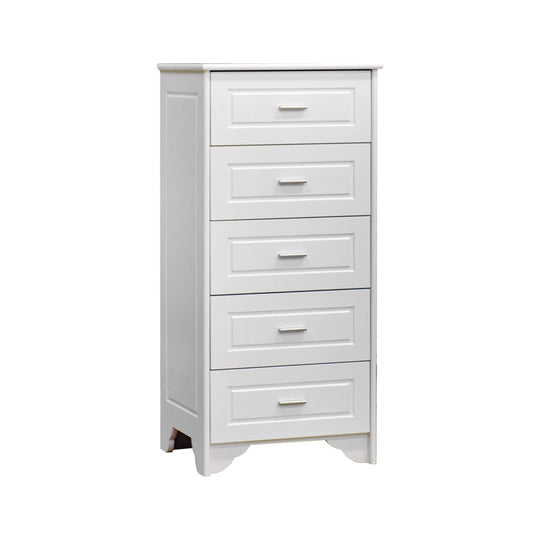 White dresser with five drawers on a white background