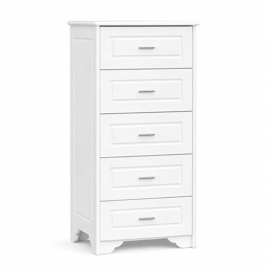 A white five-drawer chest of drawers with silver metal handles, shown on a clean white background.