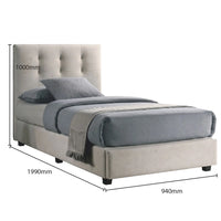 Gray upholstered bed with dimensions labeled on a white background