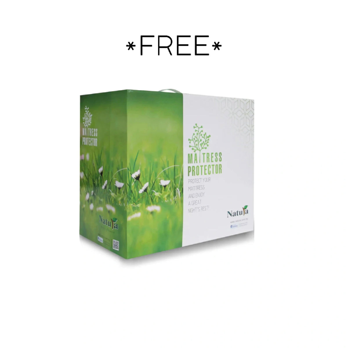 Box of mattress protector with grass and butterfly design on a white background