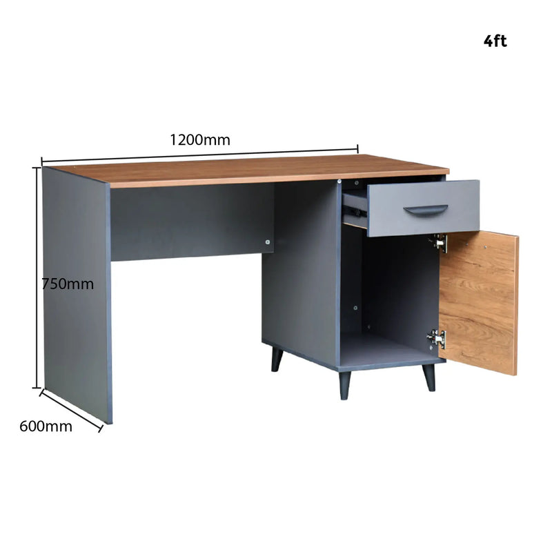 Gray desk with wooden top and side panel, dimensions labeled.