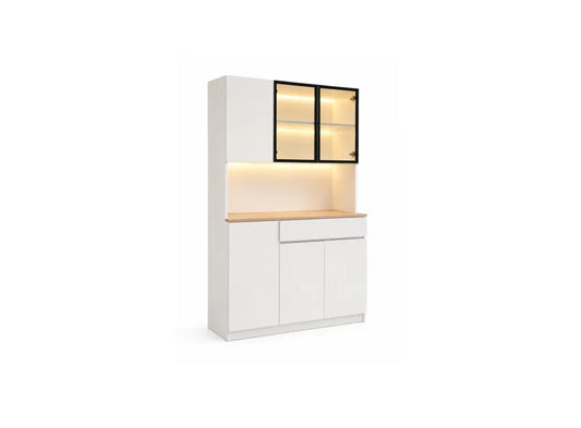 A modern white hutch cabinet with a light wood countertop, featuring a top cabinet with illuminated glass doors, a lit open shelf, and lower storage cabinets.