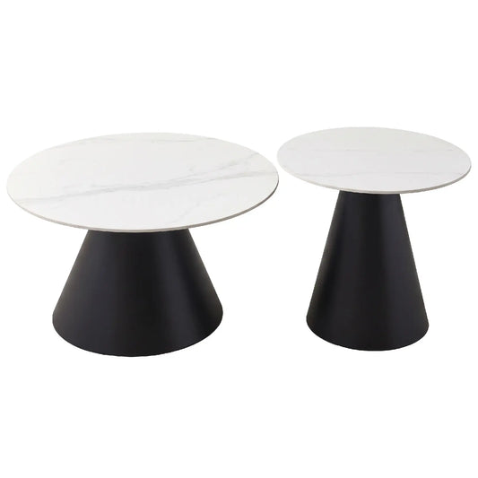 Two modern side tables with white marble tops and black cylindrical bases on a white background.