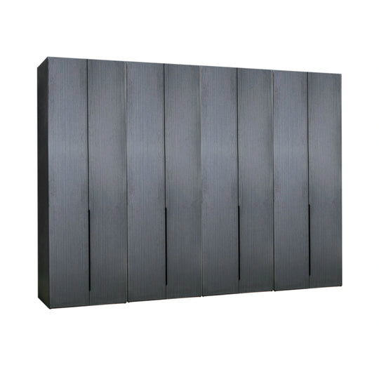 Black wardrobe with multiple doors on a white background