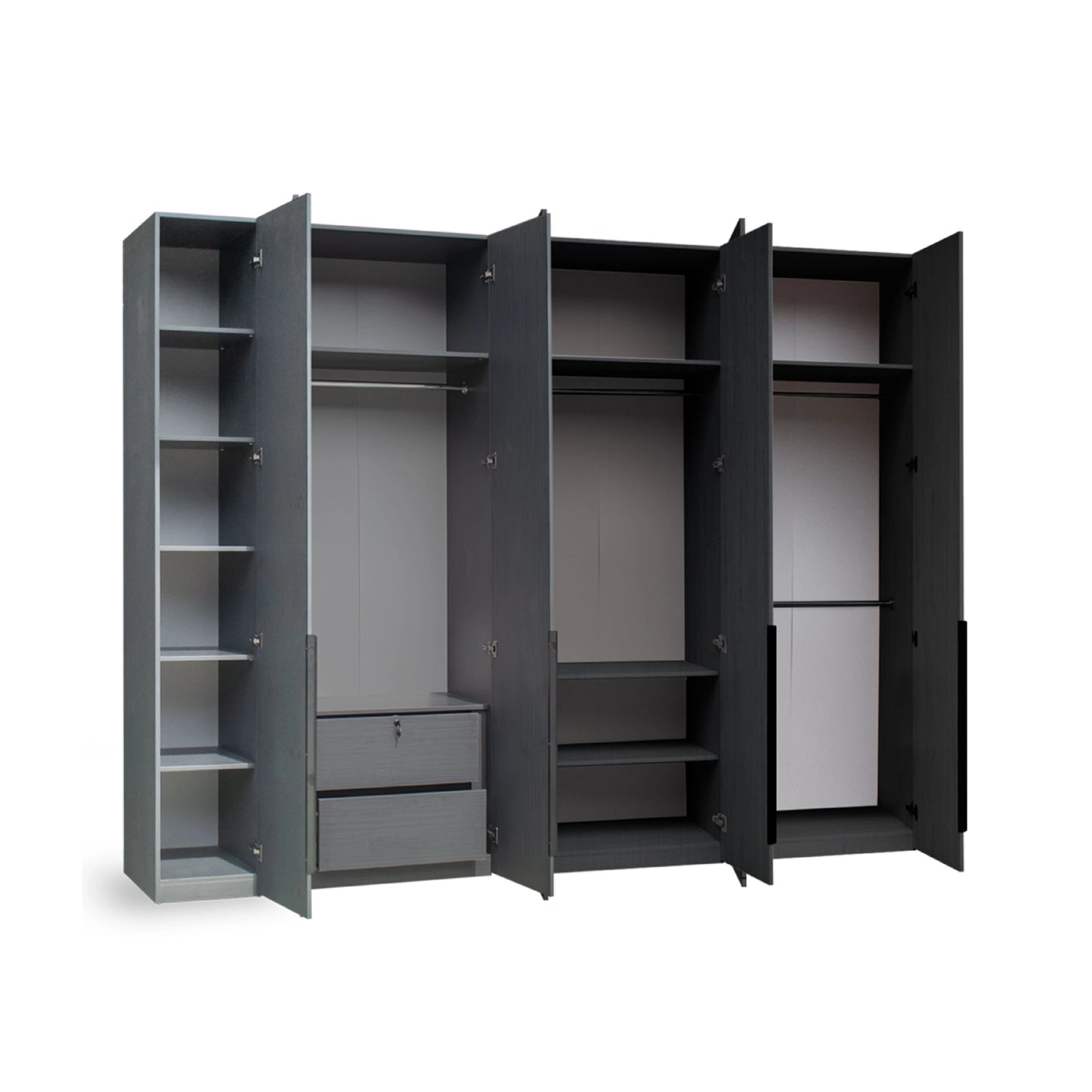 Gray wardrobe with open doors on a white background