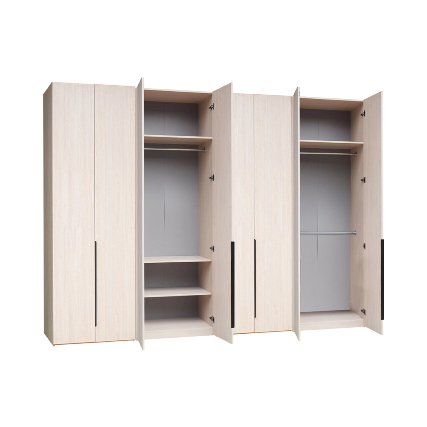 White wardrobe with open doors on a white background
