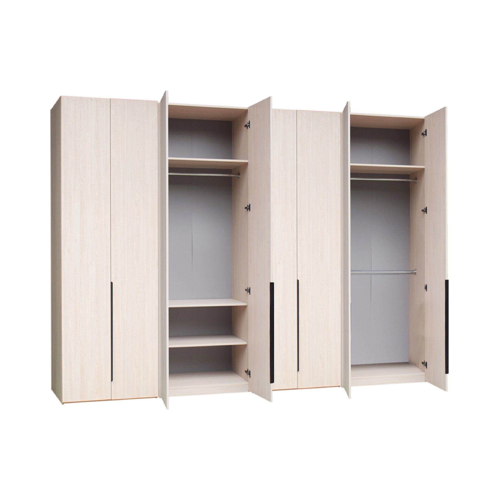 White wardrobe with open doors on a white background