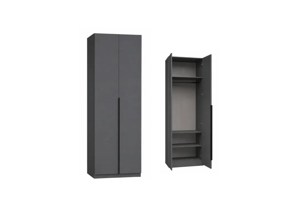 A dark gray two-door wardrobe shown closed on the left and open on the right, revealing shelves and a hanging rod, on a plain white background.