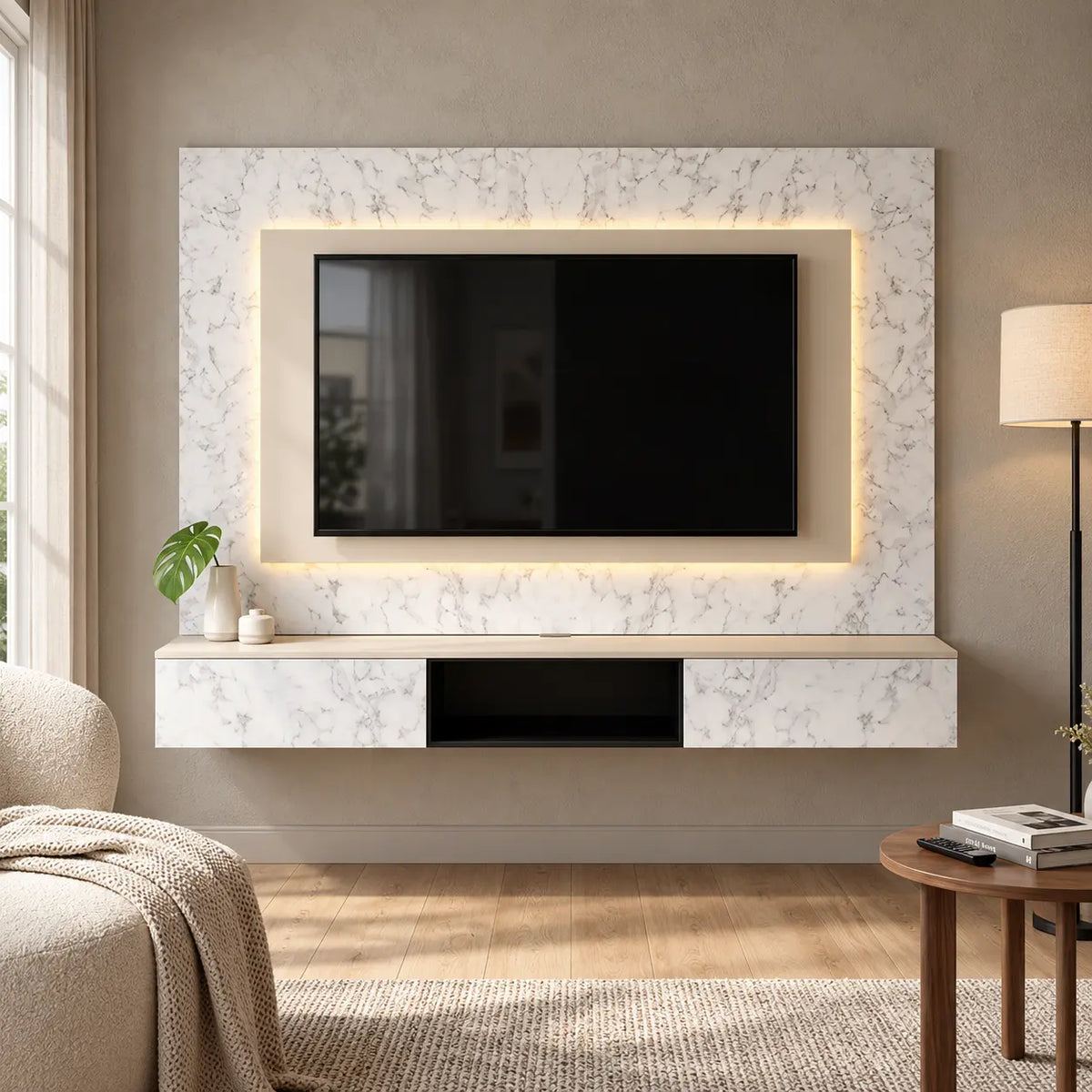 A modern floating TV stand with a white marble-look finish and integrated black center compartment, mounted on a beige wall with a large black television set behind it. The room includes a window, floor lamp, side table, and part of a sofa.